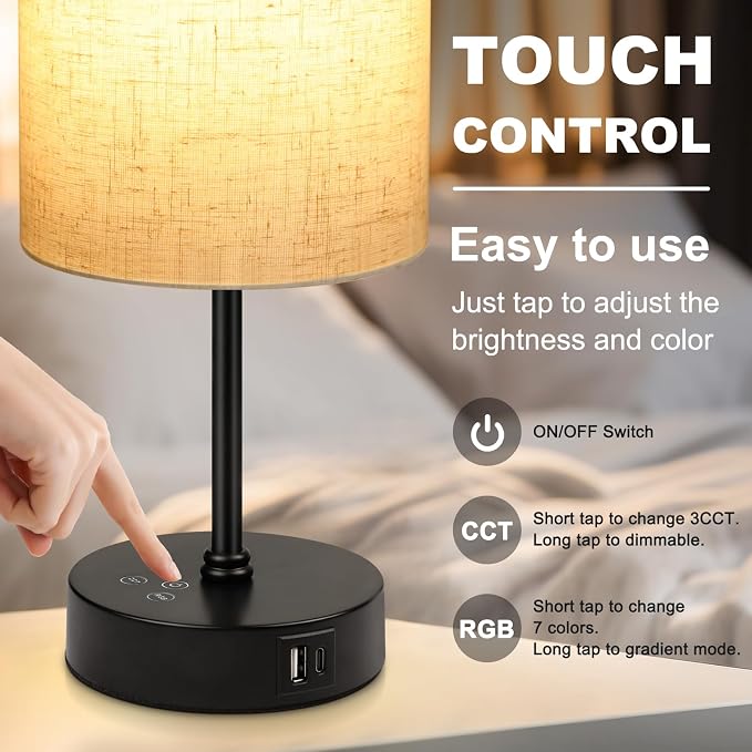 17Inch Table Lamp for Bedroom, Touch Control Bedside Lamp for Reading, 3 CCT & 7 RGB Color Changing, Dimmable Nightstand Lamp for Kids Room Living Room Office, Beige Shade