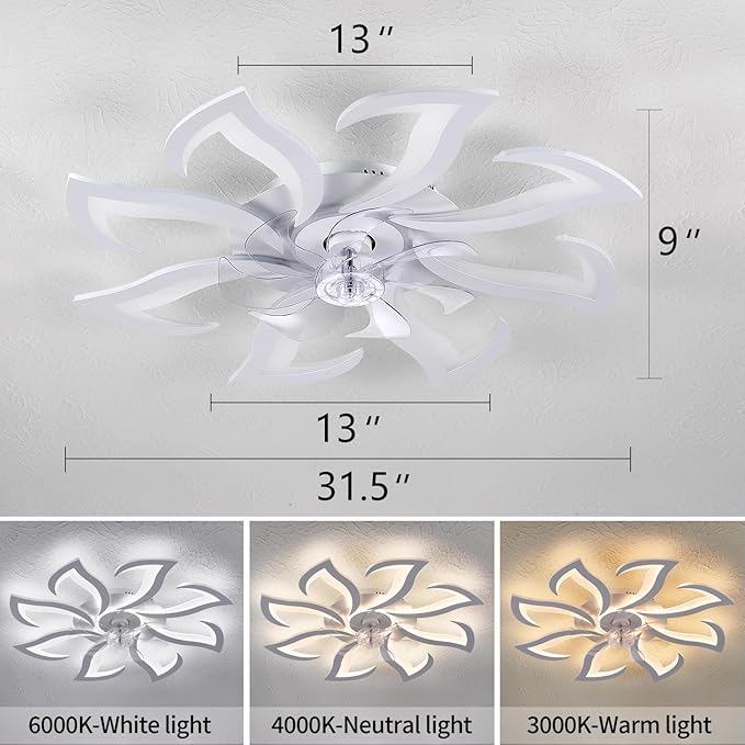 Modern Ceiling Fan with Lights Remote Control, 32" White Flush Mount Ceiling Fan with Light, 6 Speeds 3 Light Color Low Profile Ceiling Fan for Kitchen Bedroom