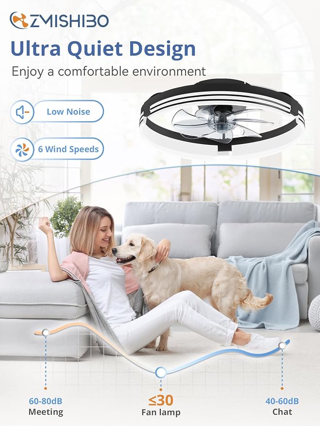 ZMISHIBO Low Profile Ceiling Fans with Lights and Remote, 20" Black | 3000K-6000K Dimmable Fandelier LED, Flush Mount, 6 Wind Speeds, Reversible, Timer, Bedroom, Living Room, Kitchen, Kids Room