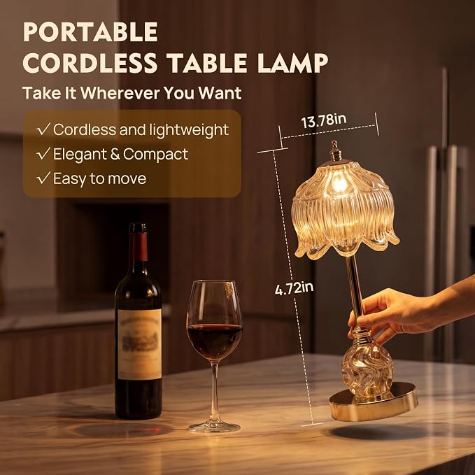 Flower Battery Operated Rechargeable Lamp Cordless, Lily, Amber | Small, Vintage, Gold, Wireless, LED, Dimmable, Table, Home Decor, Bedroom, Bedside, Nightstand, Birthday Gifts for Women