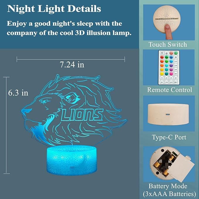 Lion Gift, 3D Night Light, 16 Colors Changing, Remote Control with Timer, RGB Flashing Mode and Dimmable, Lion Lamp for Christmas Birthday Decor