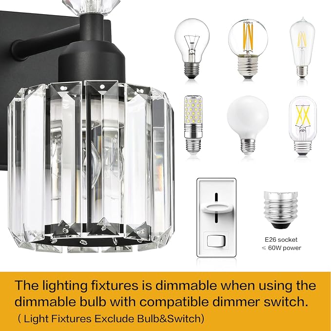 PRESDE 1-Light Bathroom Vanity Light, Modern Matte Black Wall Sconce with Crystal Shade, Single Wall Lamp for Over Mirror Bedroom Hallway