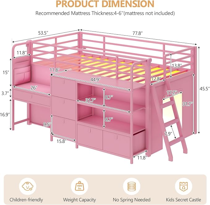DICTAC Low Loft Bed with Desk and 6 Storage Drawers Twin Loft Bed with Bookshelf,LED Lights & Under-Bed Play Space,Twin Beds for Girls with 13.8''H Safety Guardrail,Inclined Ladder & Play Curtain,Pink