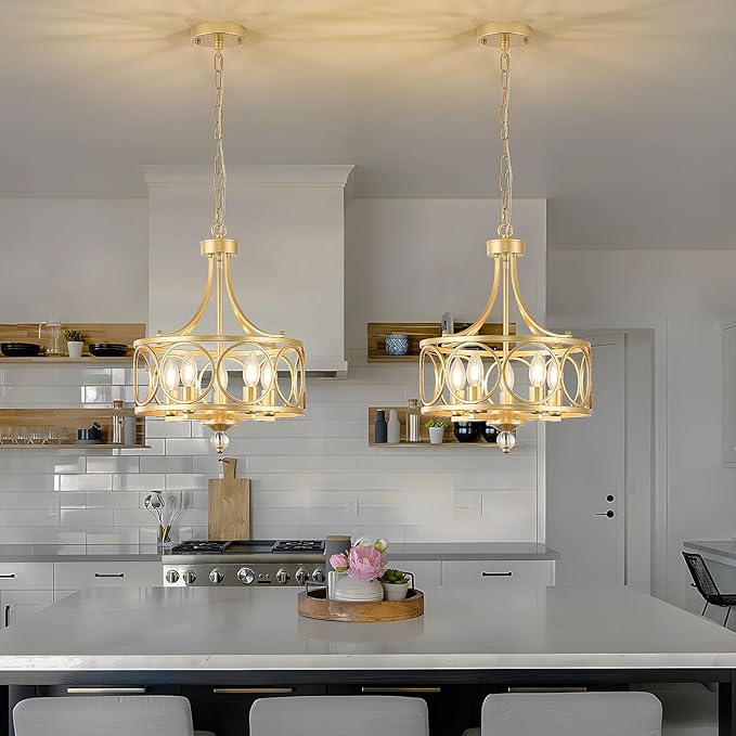 5-Light Gold Chandelier,14.2in Farmhouse Lantern Pendant Light Fixture,Adjustable Hanging Ceiling Lighting with E12 Socket,for Kitchen Island,Bedroom,Entryway,Dining Room