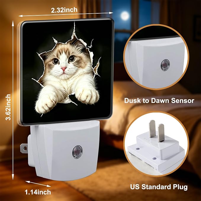 Night Light Broken Hole Cat Night Lights Plug into Wall with Dusk to Dawn Smart Sensor for Bedroom Bathroom Hallway Kitchen, Warm Nightlights for Boys Girls Women Men