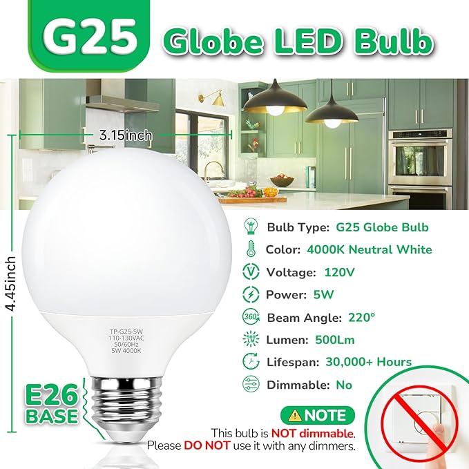 MAXvolador G25 LED Globe Light Bulbs Neutral White 4000K, Round Vanity Light Bulb 60W Equivalent, E26 Base Bathroom Mirror Light Bulbs, 500LM, Non-Dimmable, 8-Pack