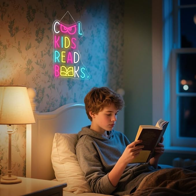 Cool Kids Read Books Neon Sign LED Light Reading Room Wall Decor | Dimmable Inspirational Light Up Sign for Kids Rooms, Classrooms, Libraries & Study Areas, LED Wall Decor Gift for Readers