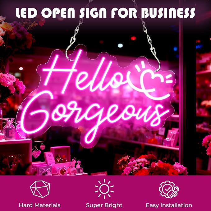 Hello Gorgeous Neon Sign, 16 * 10.8 Inches Led Sign, Neon Signs for Wall Decor with Dimmable Switch, Powered by USB Light up Sign, Pink Neon Lights for Teen Girls Bedroom, Salon, Party
