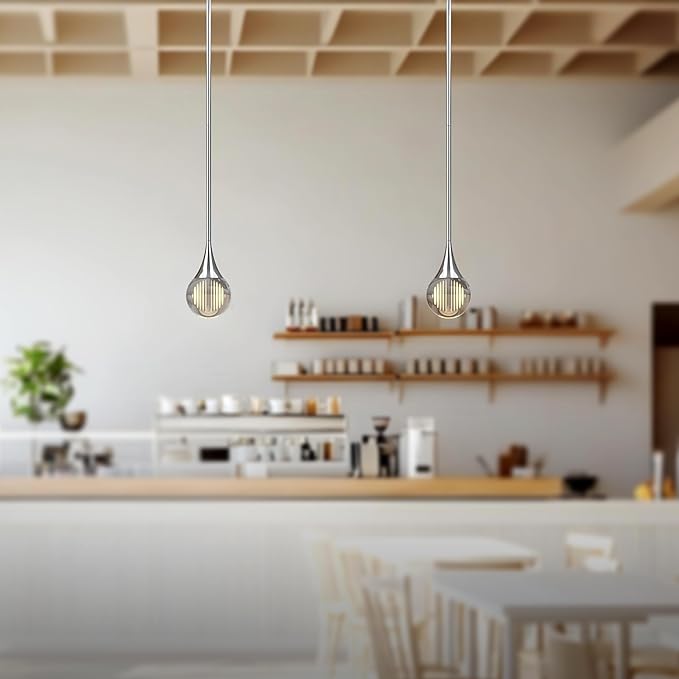 2-Pendant Lights Kitchen Island, Chrome Silver Globe Crystal Ceiling Hanging Light Fxitures, LED Light Fixtures Metal Rod Ceiling Glass Pendant Lighting for Kitchen Island Dining Room Bar