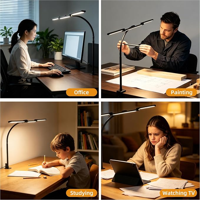 LED Desk Lamp with Clamp for Home Office, Wide Light for Dual Monitors | Wide triple-head lighting with 5 CCT, 10 brightness levels, flexible gooseneck, timer & memory for work or study