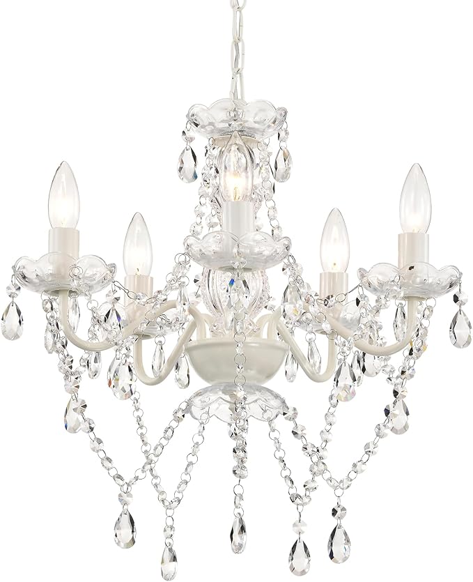 Small White 5-Light Crystal Chandelier, Modern Glass Chandelier Lighting Fixture, Small Chandelier for Bedroom, Dining Room, Living Room, Kitchen, Foyer, Girls Room Ceiling Light
