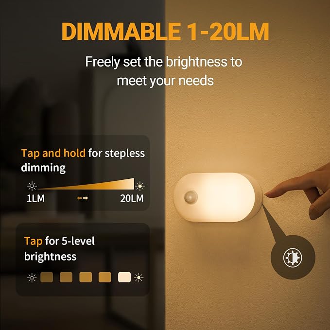 Rechargeable Battery Night Light with Motion Sensor, 4-Pack | Stepless Dimmable, Stick-on LED Nightlights for the Bedroom, Bathroom, Kitchen, Stairs, Hallway, Travel Friendly