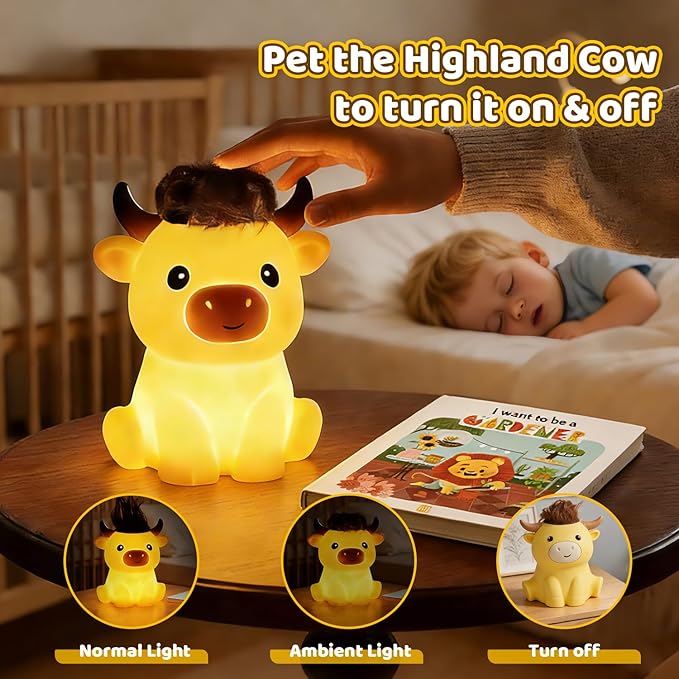 Amaredom Highland Cow Night Light, Cute Cow Lamp, Silicone Dimmable Nursery Nightlight, Rechargeable LED Bedside Lamp with 20 Minutes Timer & Tap Control Baby Girls Women Bedrooms, Living Room