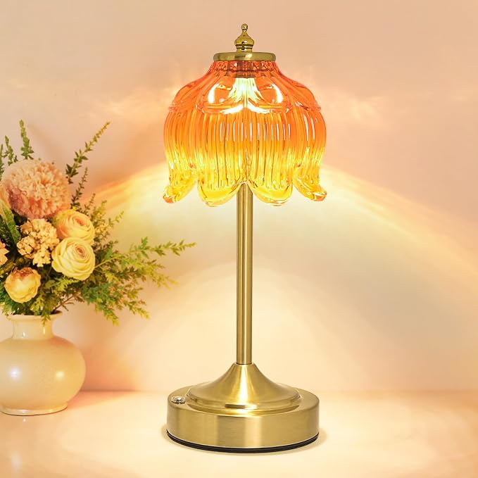 Cordless Table Lamp, Rechargeable Honey Glass Lotus Flower Lamp | 5200mAh touch lamp with 3 color modes and stepless dimming, battery operated lamp for nightstands and kitchen counters