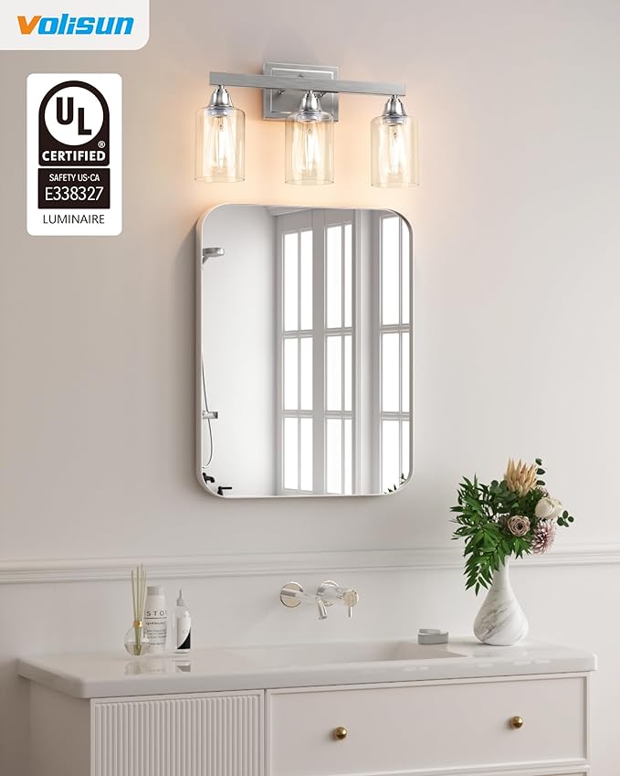 VOLISUN Brushed Nickel Bathroom Light Fixtures, 3-Light Bathroom Vanity Light Over Mirror, Modern Vanity Lights for Bathrooms, Bathrooms Lights Fixtures Over Mirror with Clear Glass Shades