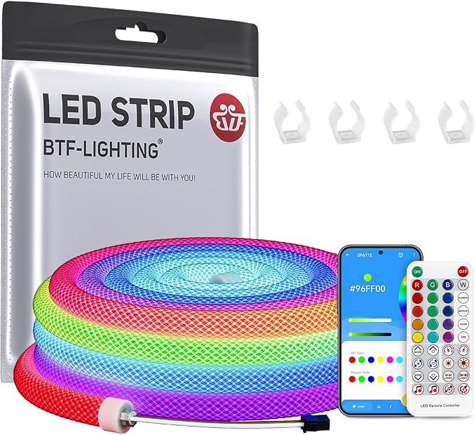 BTF-LIGHTING 6.5FT WS2811 WS2812B IC RGB DC5V 360 Degree Round Reticulate Chasing Color Neon LED Strip Kit Bluetooth Controller Flexible Silicone IP67 Waterproof Rope Light for Home Decor(No Adapter)