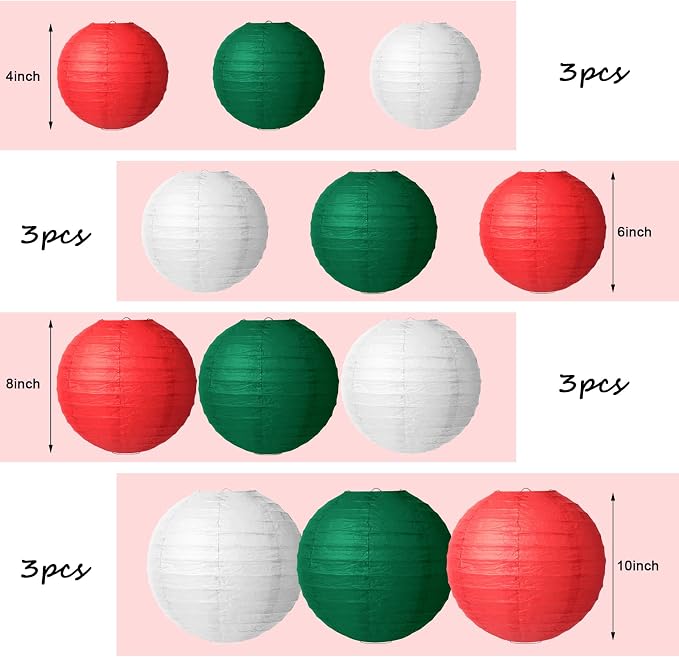 Tenare 12 Pcs Traditional Round Paper Wedding Lantern 4 Size 4, 6, 8, 10 Inch Decorative Ball Hanging Chinese Japanese Paper Lantern for Birthday Party(Red, White, Green)