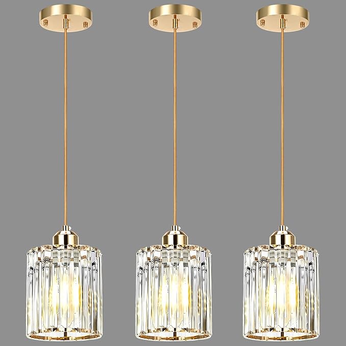 3 Pack Gold Pendant Light, Elegant Modern Island Lights for Kitchen with Crystal Glass – Luxury Mini Pendant Light for Kitchen Island, Dining Table, Entryway, Restaurant