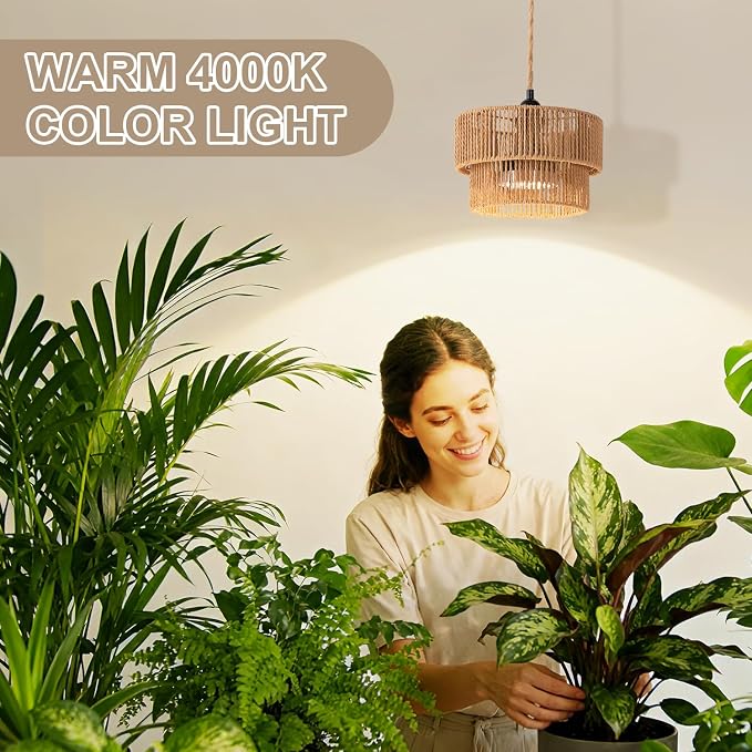 Hanging Grow Light, 30W LED Lamp with Timer for Indoor Plants | 4000K LED plant lamp with 15 ft cord, outlet timer, and boho paper rope shade for succulents, herbs, and low-light rooms.