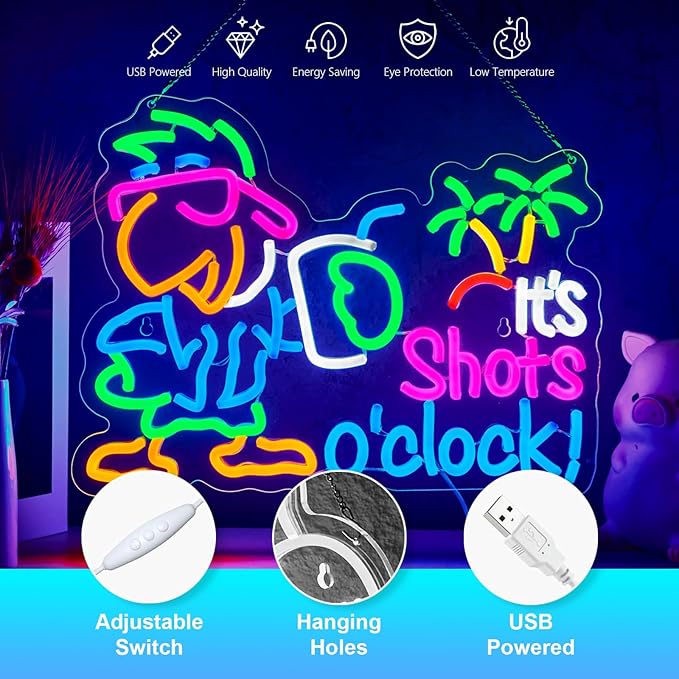 Parrot It's Shots O'clock Neon Sign It's 5 O'clock Neon Sign for Wall Decor Parrot Drinking USB Dimmable LED Neon Lights for Beer Bar Kitchen Restaurant Home Pub Party Man Cave Club Shops Hotel Store Business Gift