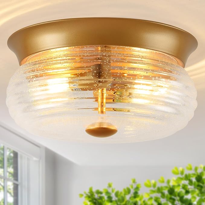 Gold Flush Mount Ceiling Light Fixtures, 2-Light Ceiling Mount for Modern with Clear Air Bubble Glass Shade, Industrial Flush Mount Light Fixture Farmhouse for Hallway Kitchen Bedroom Entryway Foyer