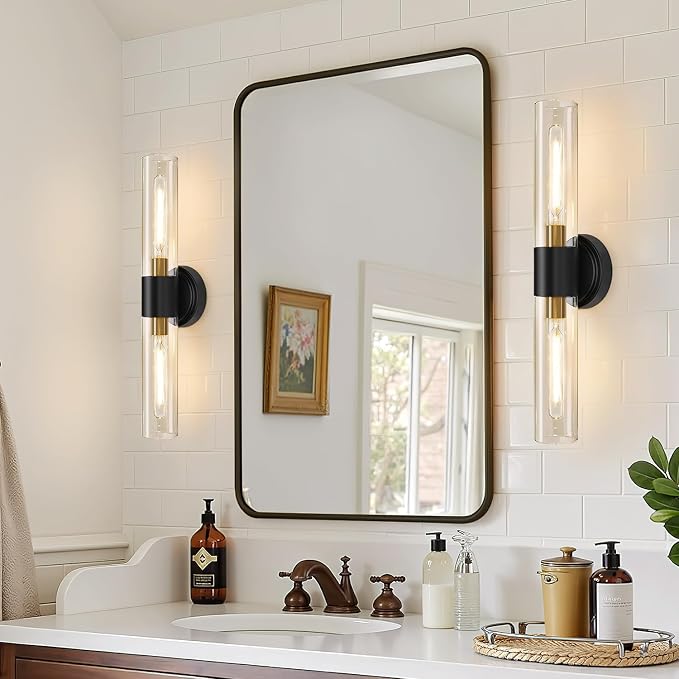 Wall Sconces Set of Two, Modern Bathroom Sconces Wall Lighting with & Clear Glass Glass, Black and Gold Sconces Wall Decor Set of 2 for Bathroom Mirror Bedroom Living Room Hallway