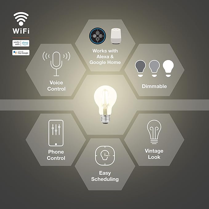 Sylvania WiFi LED Smart A19 Light Bulb, 7.5W Efficient with Filament, for Alexa/Google Assistant, Energy Star, Clear, 2700K, Soft White - 1 Pack (75797)