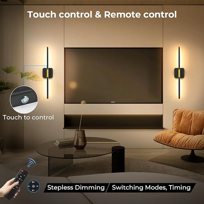 Battery Operated Wall Sconce Detachable 360°Rotate, Wireless Wall Lamp 3000-6500K Dimmable, 10000mAh Rechargeable Wall Light for Bedroom, Living Room，28.3" Black Gold (1 Pack)