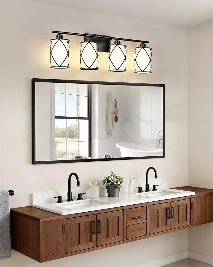 4-Light Black Bathroom Light Fixtures with Milk White Frosted Glass, 29" Modern Bathroom Vanity Lighting Fixtures Over Mirror with Metal Cage, Wall Sconce Lights for Bath, E26, CH9176BKW-4W