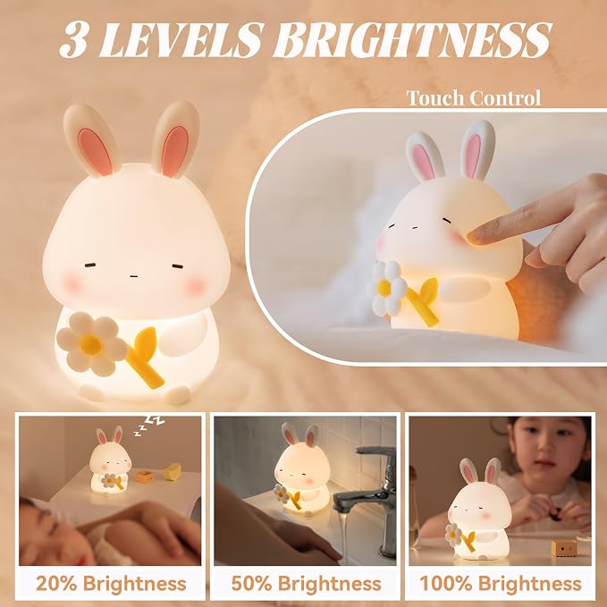 AVEKI Rabbit Night Light, Cute Bunny Lamp Gifts with Timer, Touch Squishy Silicone Night Light with 3 Colors Dimmable, Rechargeable Animal Lamp Kawaii Bedroom Room Decor (Bunny)