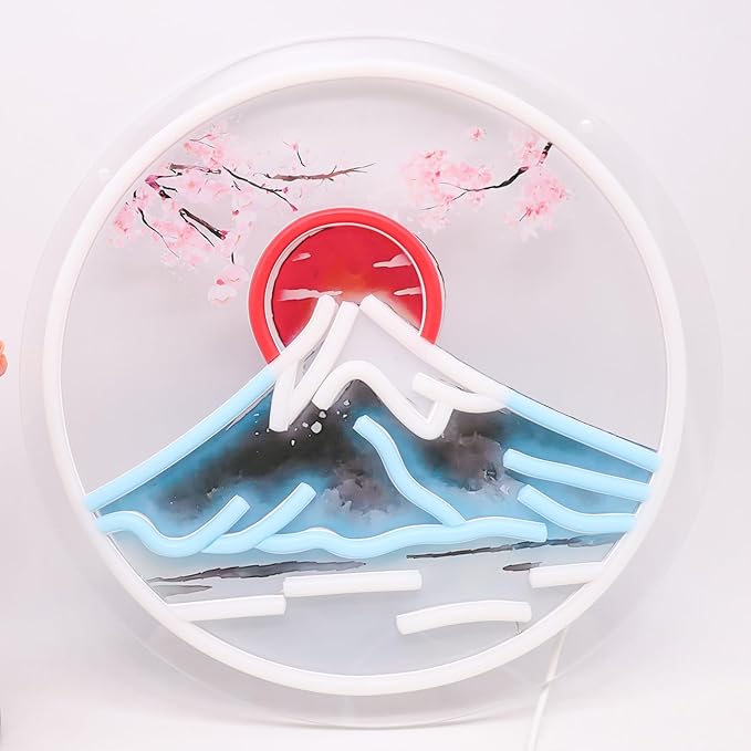 Mount Fuji Sunrise LED Neon Sign with Cherry Blossom, Japanese Sakura Style Wall Decor, USB Powered Neon Light for Bedroom, Living Room & Aesthetic Home Decor Holiday Birthday Gifts