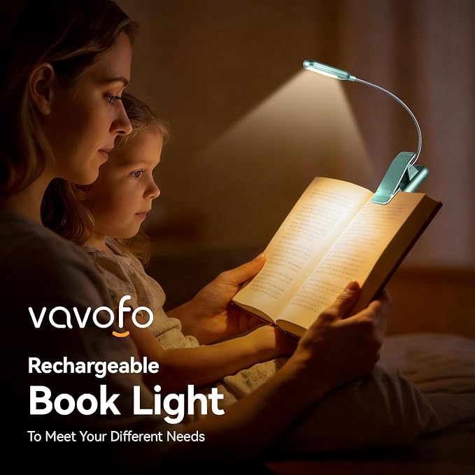 VAVOFO Rechargeable Book Light for Reading in Bed Kids, 7 LED Reading Light with 9-Level Warm Cool White Daylight, Eye Care Lamp with Power Indicator for Bookworms (Silver Green)