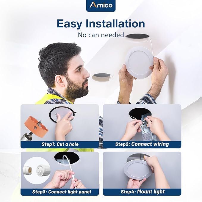 Amico 12 Pack 6 Inch 5CCT Ultra-Thin LED Recessed Ceiling Light with J-Box, 2700K/3000K/3500K/4000K/5000K Selectable, 12W=110W, Dimmable Canless Downlight, 1050LM High Brightness, ETL&FCC