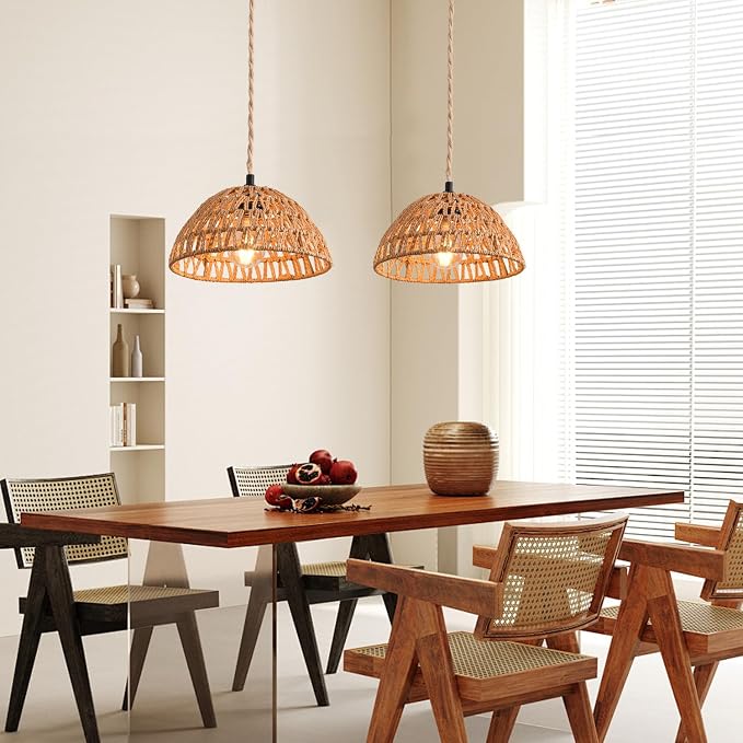 2 Pack Plug in Pendant Light 10.2" Rattan Hanging Lamp with Switch,Hemp Rope Cord Boho Woven Wicker Lampshade Hanging Lights with Plug in Cord Ceiling Light Fixture for Living Room Bedroom Kitchen