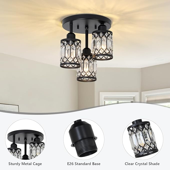 PAUFUL Semi Flush Mount Ceiling Light,3-Light Modern Crystal Close to Ceiling Light Fixtures, Black Kitchen Light Fixtures with Clear Crystal Shade,Hallway Light Fixtures for Hallway Bedroom Bathroom