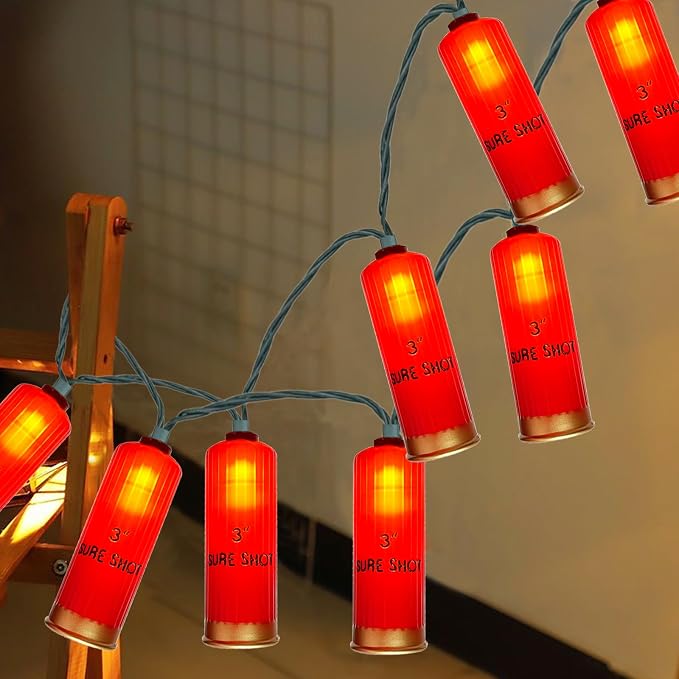 SUNSGNE Red Shotgun Shell String Lights - 8.5ft Plug-in Red Christmas Lights with 10 LED Bulbs for Christmas Hunting-Themed Party Decor