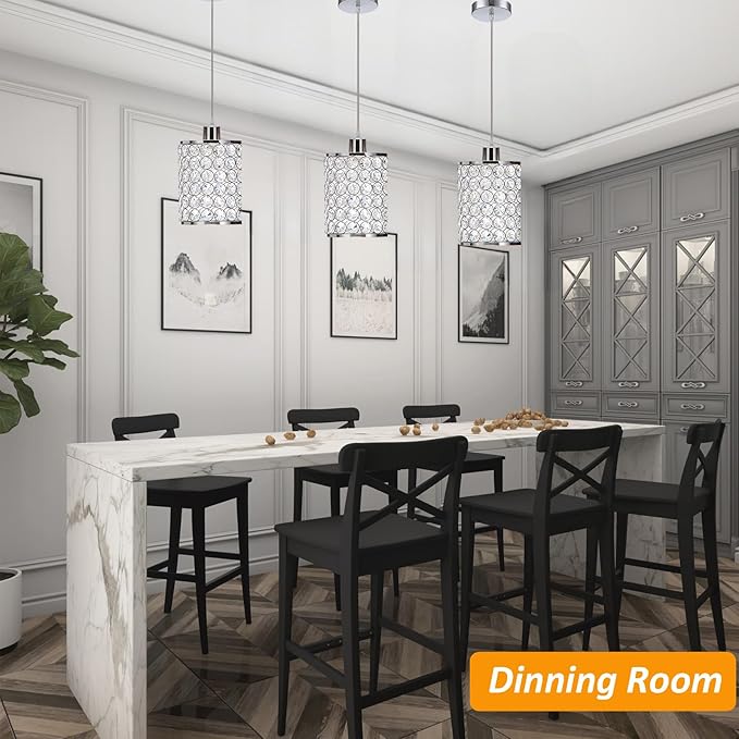 3 Pack Crystal Pendant Light, Modern Chrome Kitchen Island Pendant Lighting,Cord Adjustable Bar Ceiling Hanging Lights for Kitchen Dining Room Bedroom Bar