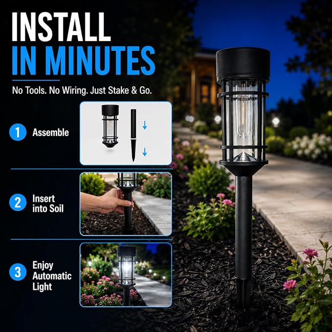 ILANCK 12 Pack Solar Lights Outdoor Pathway, Metal & Glass 21" Large Solar Pathway Lights, Solar Powered Garden Lights for Yard, Landscape, Driveway Walkway