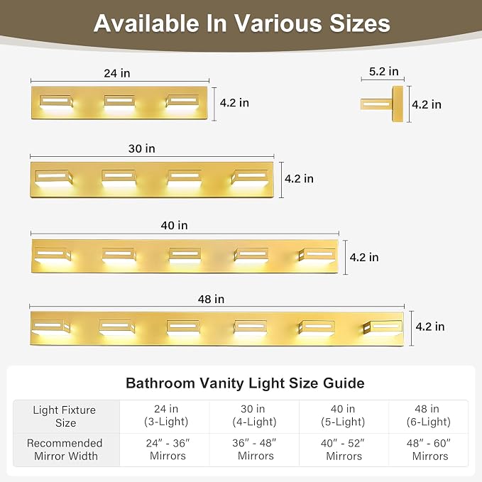 LED Modern Bathroom Light Fixtures, 5-Light 40-Inch Gold Vanity Lights for Bathroom Lighting Fixtures Over Mirror, 6000K Cool White 350° Rotatable Wall Lamp