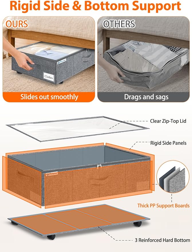punemi 10 inch Tall Under Bed Storage Bins with Wheels, 2-Pack, Gray | Clear Lids, 5-Wheel Rolling Organizers for Clothes, Shoes and Blankets, Underbed, Closet & Dorm Organizataion