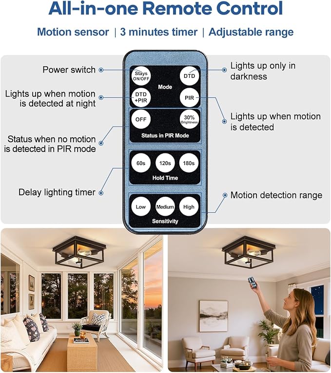 Motion Sensor Outdoor Ceiling Light with Remote, 10 Inch Brown and Gold Flush Mount Porch Light Fixture with United Glass Cover, 5 Modes Outside Flush Mount Light for Porch, Garage, Entryway