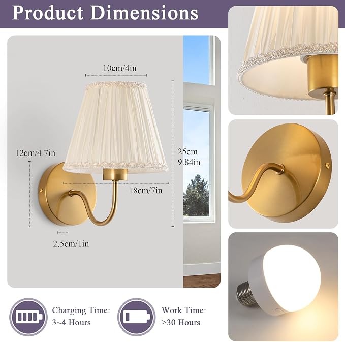 Battery Operated Wall Sconces Set of 2, Wireless Wall Sconces, RGB Rechargeable Dimmable, Brass-Color Vintage Wall Sconce for Bedroom, Living Room, Hallway Bulbs Included