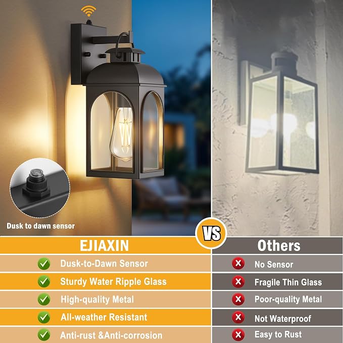 EJIAXIN 2 Pack Dusk to Dawn Outdoor Lighting, Matt Black Porch Lights | Waterproof Metal Construction,Rust-resistant,Clear Glass Shades,Quick Installation,Outside Lights for Doorway,Garage,Patio