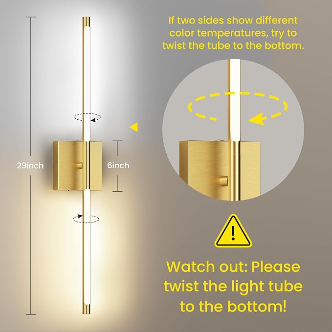 10000mAh Battery Operated Wall Sconces Set of 2, Gold, 29 Inch, 3CCT | Renter Friendly, Rechargeable Wall Lights, Remote Control, 360° Rotate, Dimmable, LED Cordless Lights for Bedroom Living Room