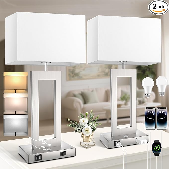 Table Lamps for Bedrooms Set of 2, 27.2’’ Tall Modern Silver Lamps for Living Room Nightstand, Touch Control Bedside Lamps with 2 USB Ports&AC Outlet, Stepless Dimming, 3 Color Temp. Bulbs Covered