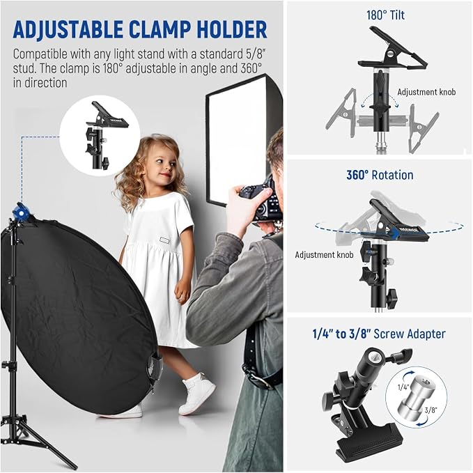 NEEWER 43"/110cm Light Reflector with Clamp & Hand Grips, 5 In 1 Collapsible Multi Disc Photography Reflector Translucent/Silver/Gold/White/Black with 3/8" Thread for Studio Outdoor Lighting, RF-110II | Multi Disc, Photography Reflector, Translucent, S...