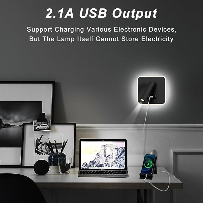 Kawell Indoor LED Wall Lamp with Switch Adjustable Bedside Wall Spotlight Modern LED Reading Wall Light with USB Charging Port for Bedroom Living Room Study Library, Black(Cold White)