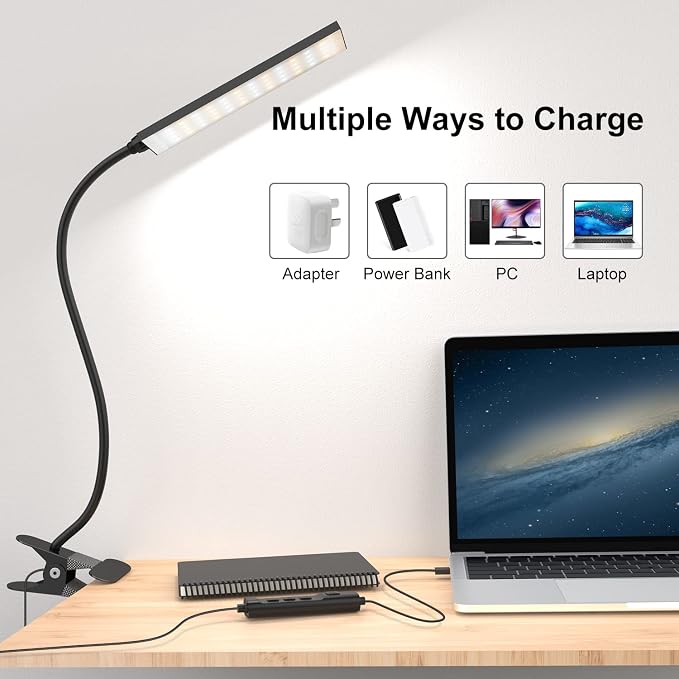LED Desk Lamp, 5W USB Clip on Light Eye-Caring Reading Clamp Table Lamp with 48 LEDs Flexible Neck, 3 Color Modes and 14 Brightness Levels for Office Bedroom Study (Black)