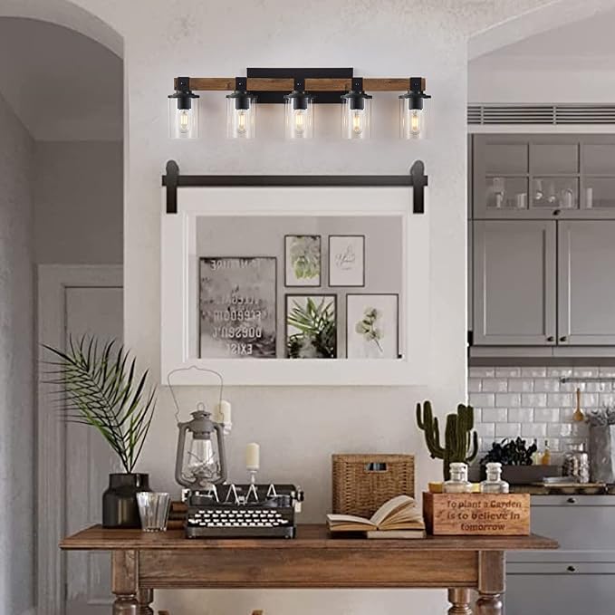 DUJAHMLAND Farmhouse Vanity Lights, 5-Light Wood Bathroom Wall Lighting with Clear Glass, Industrial Metal Wall Sconce for Bedroom, Kitchen, Hallway (Antique Wood, 5-Light)
