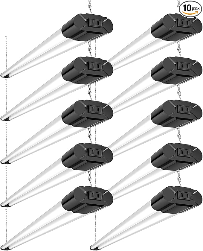 Bbounder 10 Pack Linkable LED Utility Shop Light, 4400 LM, 6500K Cool Daylight, 4 FT Integrated Fixture for Garage, 40W Equivalent 250W, Surface + Suspension Mount, Black